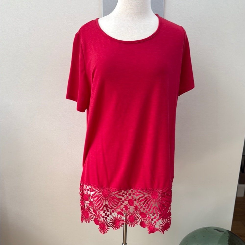Lane Bryant Red Tee shirt Tunic with Lace Laser-cut Fringe